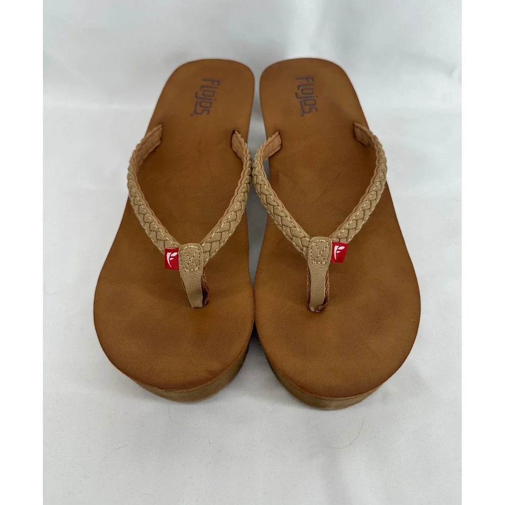 Flojos Hayley Wedge Flip Flops Women 8 Tan Braided Platform Summer Sandals 184